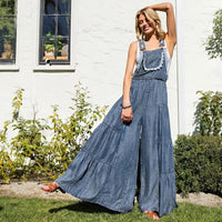 Lace Trim Tiered Wide Leg Denim Overalls Jumpsuit