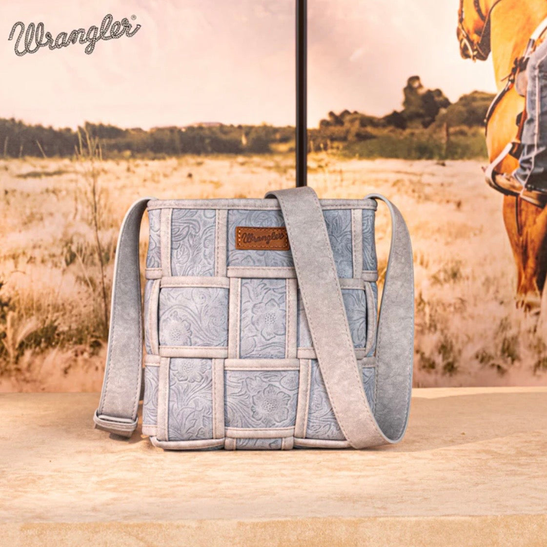 Wrangler Woven Tooled Grid Panel Crossbody Bag