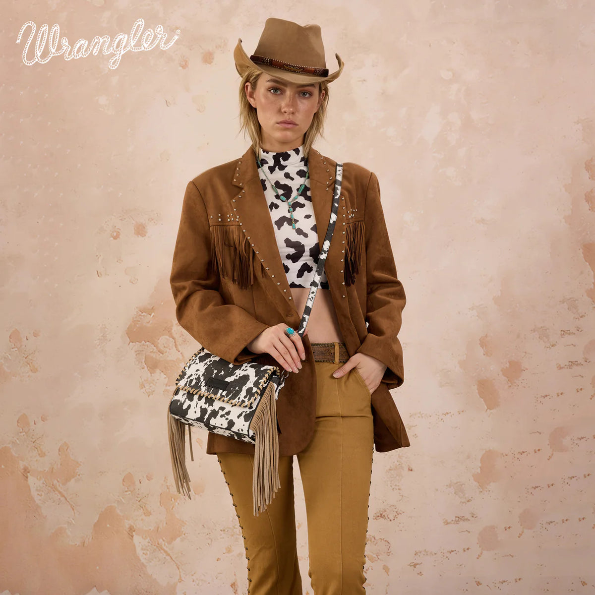 Wrangler Cow Print Fringe Crossbody Bag