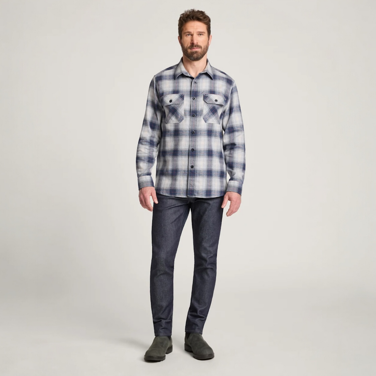 MEN'S PENDLETON PLAID BURNSIDE COTTON FLANNEL SHIRT-GREY/NAVY PLAID