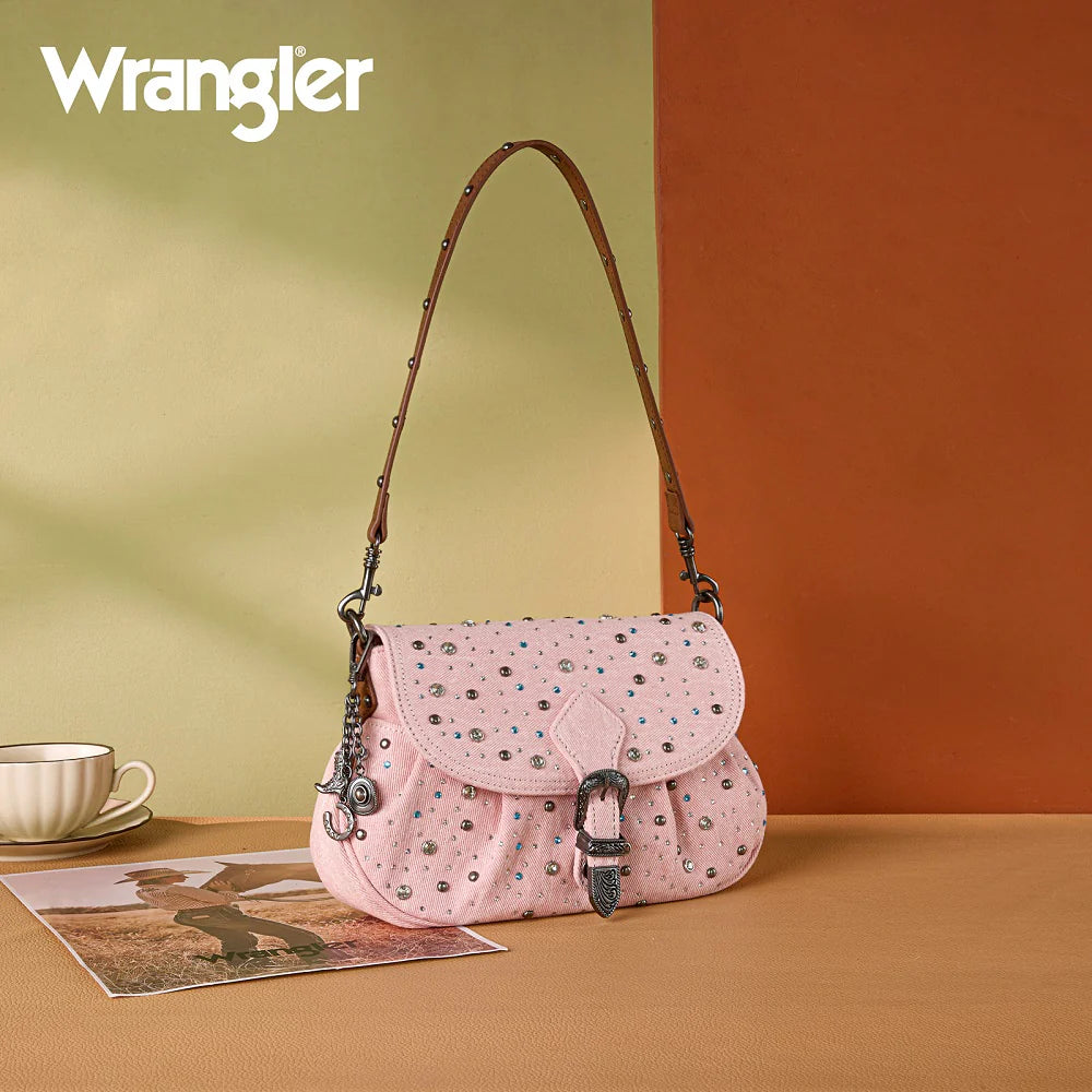 Wrangler Rhinestone Denim Flap Crossbody Shoulder Bag