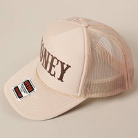 HONEY Text Logo Printed Mesh Back Trucker Hat: TAN / ONE SIZE