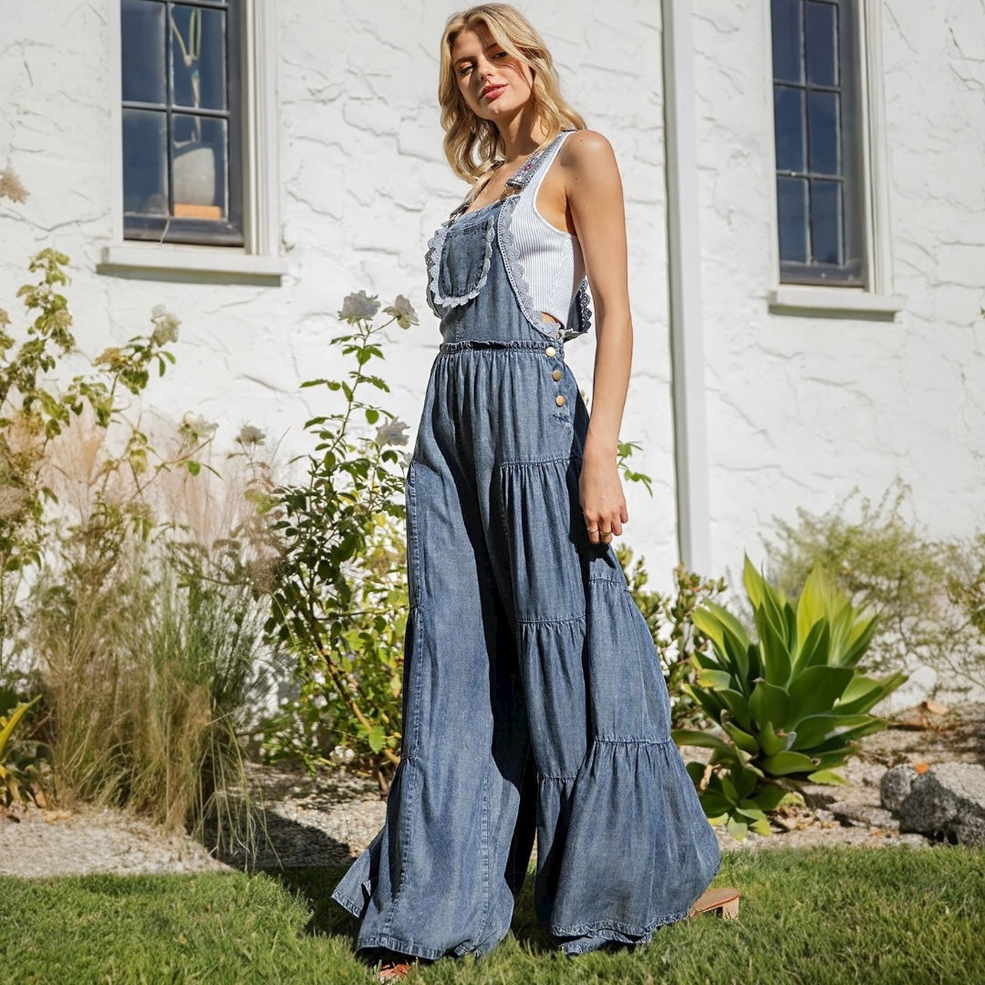 Lace Trim Tiered Wide Leg Denim Overalls Jumpsuit