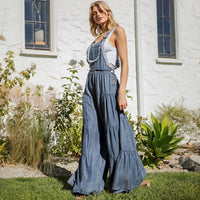 Lace Trim Tiered Wide Leg Denim Overalls Jumpsuit