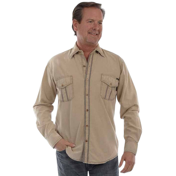 * Long sleeve button front mens shirt with contrast stitching made in soft peruvian cotton. Features a full button front, point collar with hidden button down and a softwestern back yoke. 100% cotton.