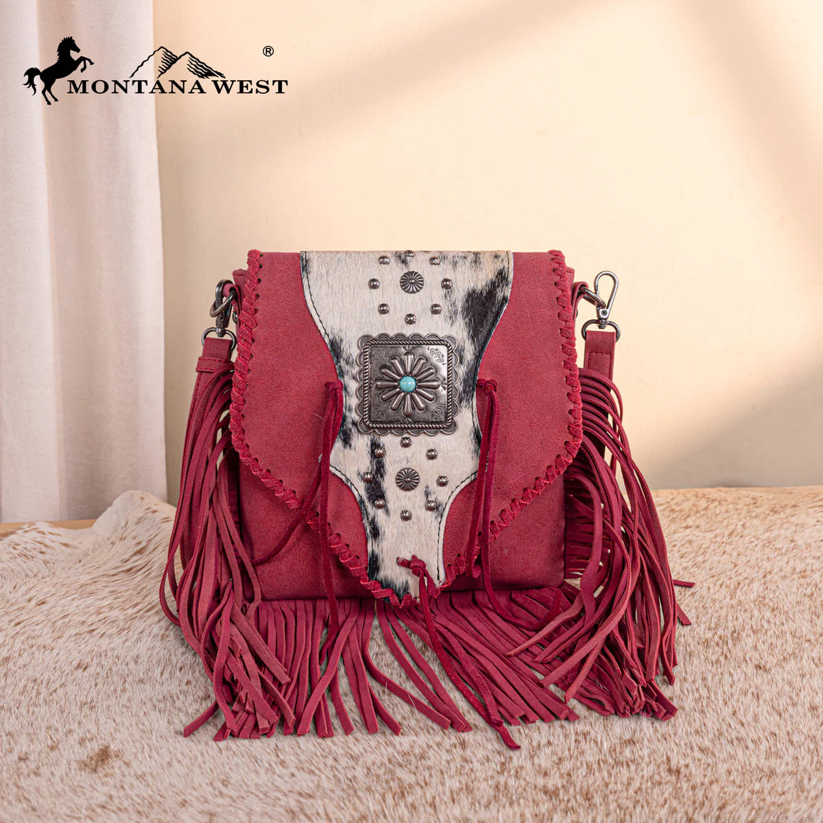 Trinity Ranch Fringe Hair-On Cowhide Crossbody Red