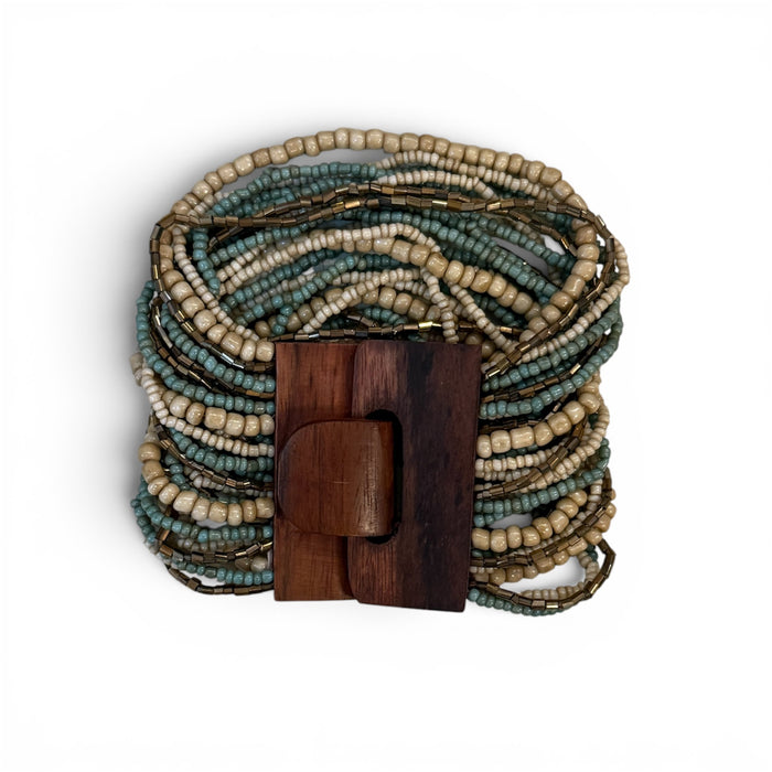 Wood Buckle Beaded Bracelet Turquoise/Cream/Gold