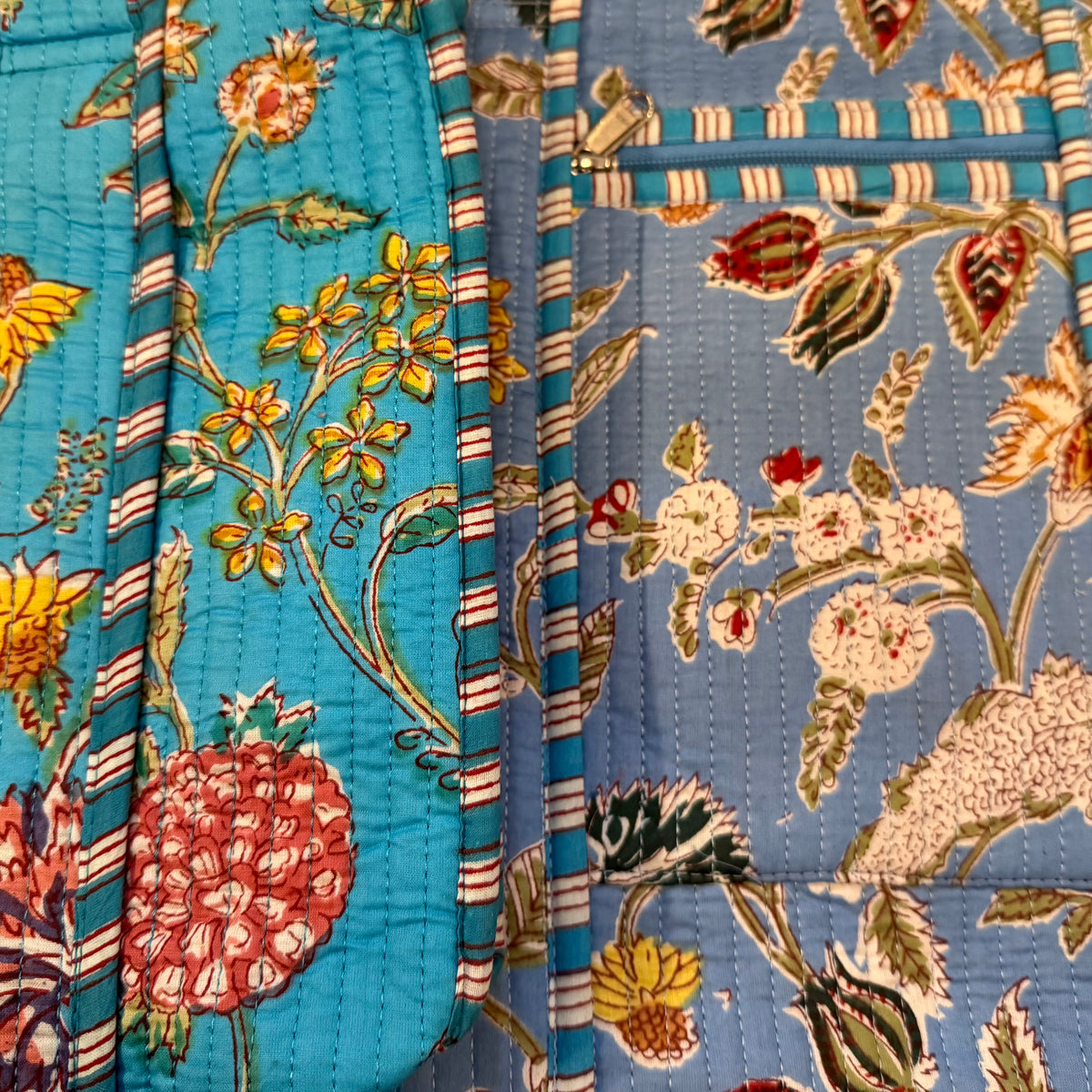 Blue And Red Cotton Floral Block Print Tote