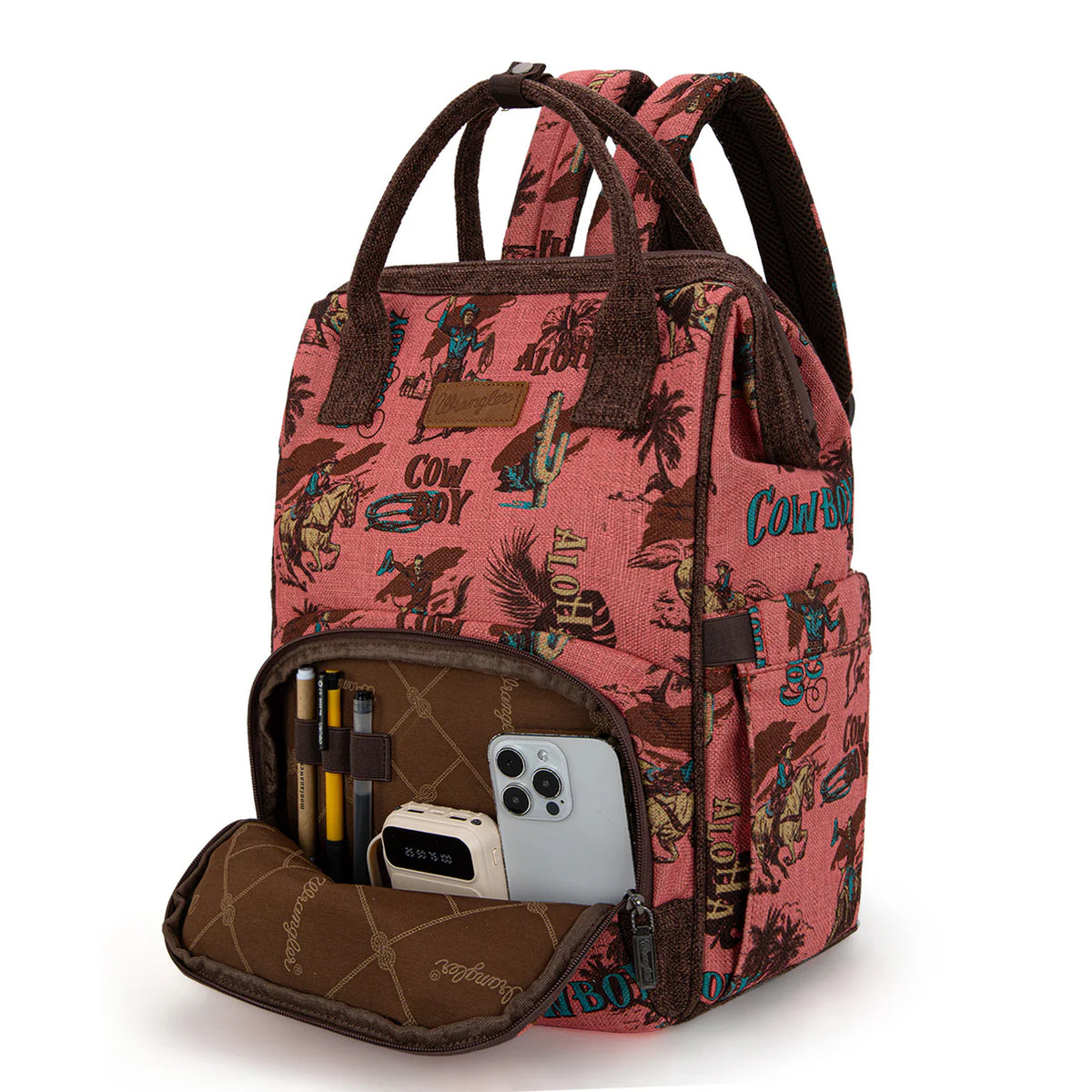 Wrangler Vintage Retro Cowboy Cool Print Backpack Hot Pink