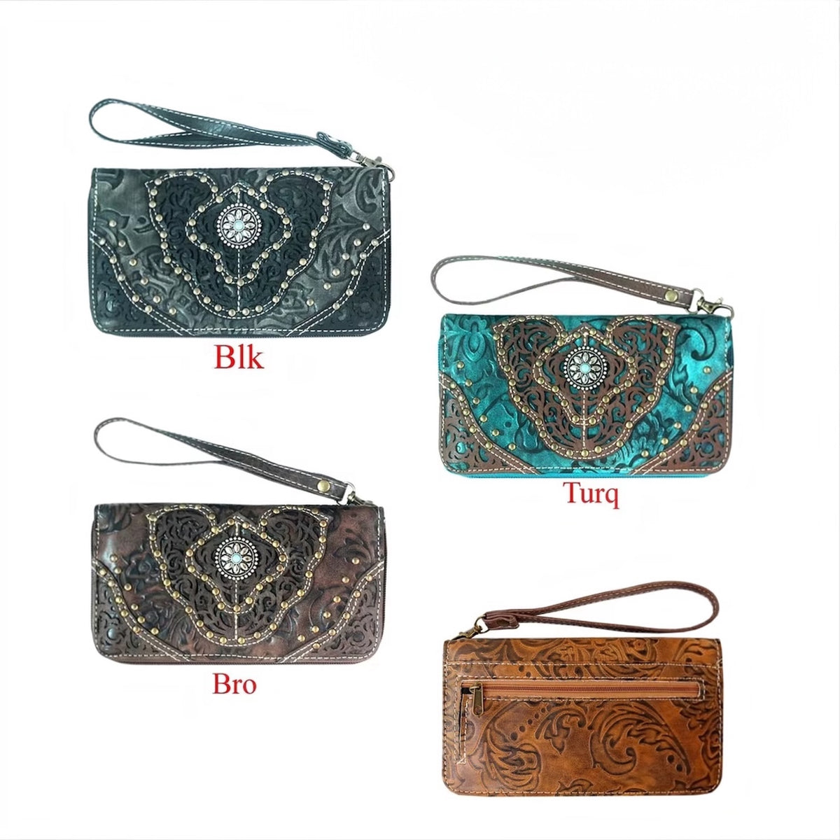 Tooled Studded Zip Wallet