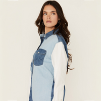 Wrangler Retro Women’s Color Block Denim Long Sleeve Snap Western Shirt