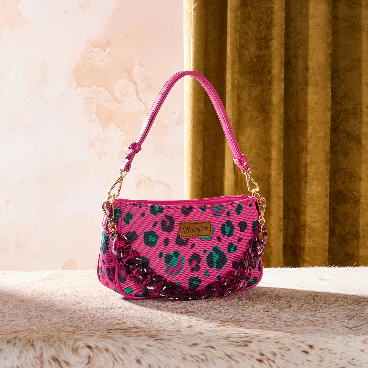Wrangler Leopard Print Canvas Shoulder Bag with Chain Strap