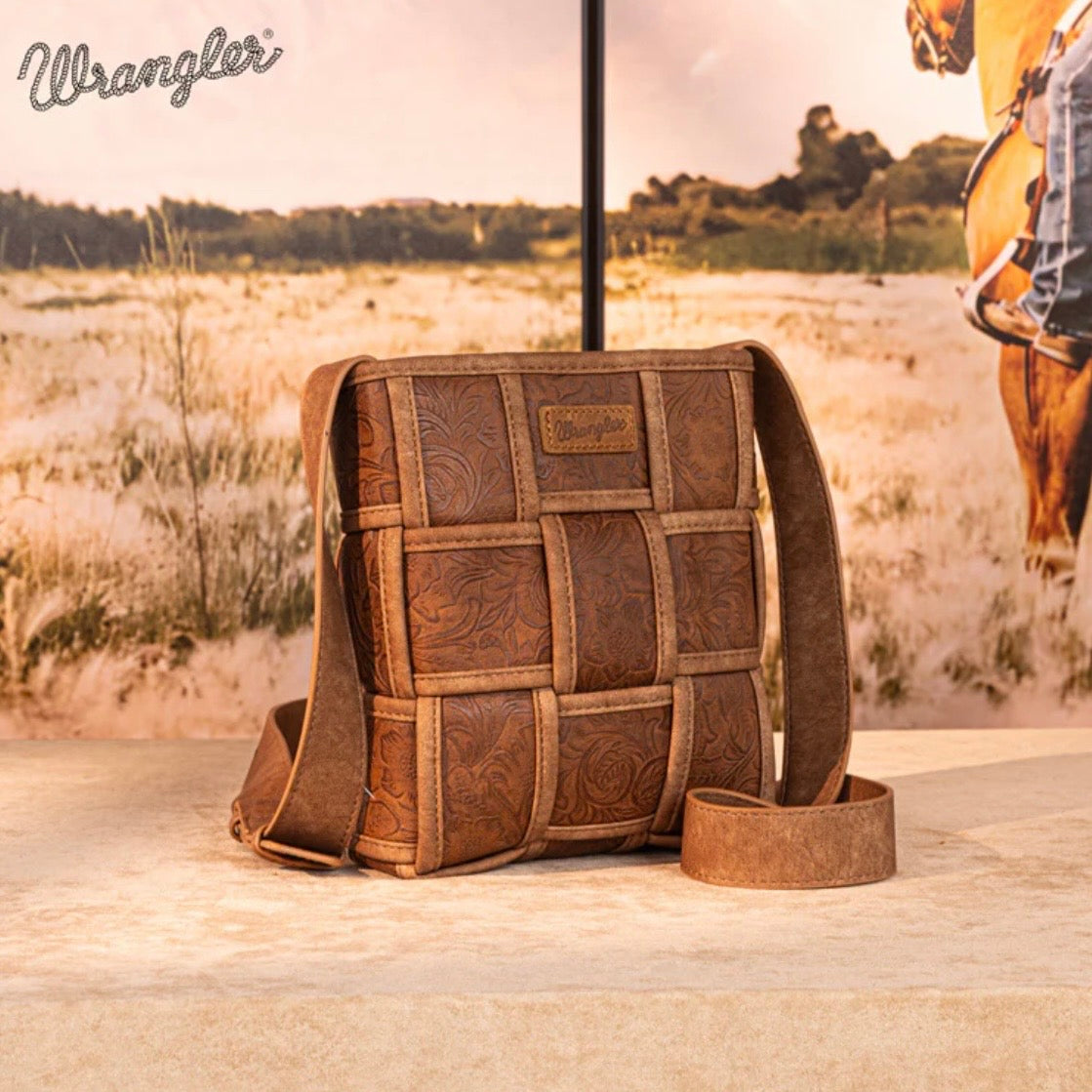 Wrangler Woven Tooled Grid Panel Crossbody Bag