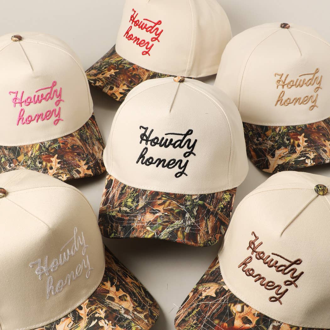 Howdy Honey Embroidery Camo Two-Tone Trucker Hat: CAMO-BEIGE / ONE SIZE