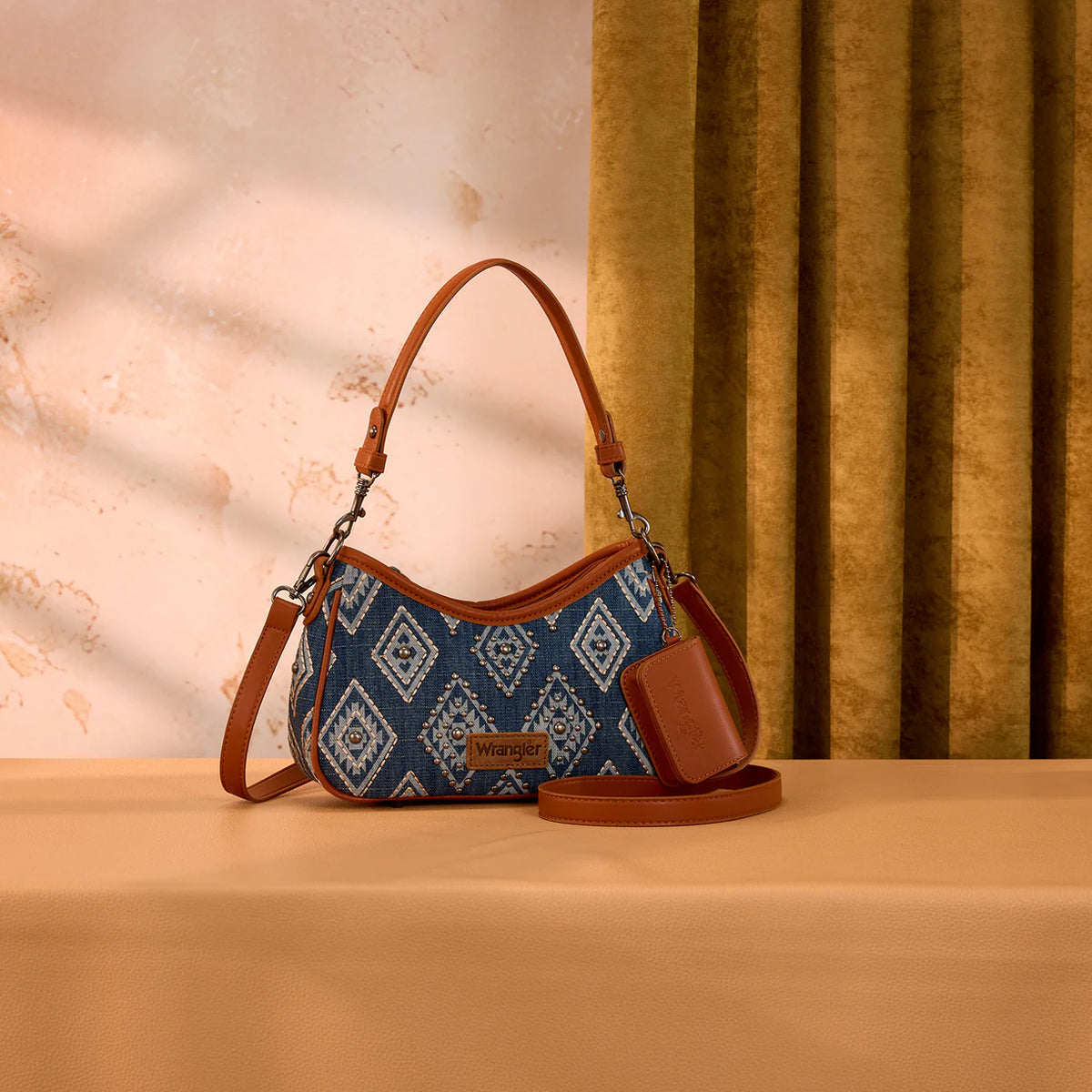 Wrangler Aztec Studded Denim Shoulder Bag with Mini Pouch