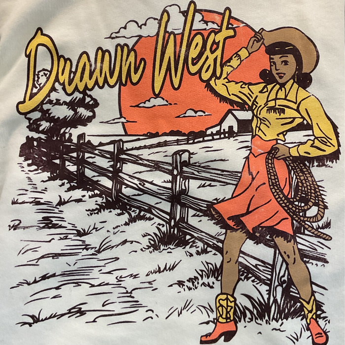A graphic crewneck sweatshirt with a vintage pin-up cowgirl design, featuring a cowboy hat, boots, and a skirt. The sweatshirt is white with a text that reads 'Drawn West Prescott, AZ' and an illustration of a cowgirl against a western-themed backdrop.