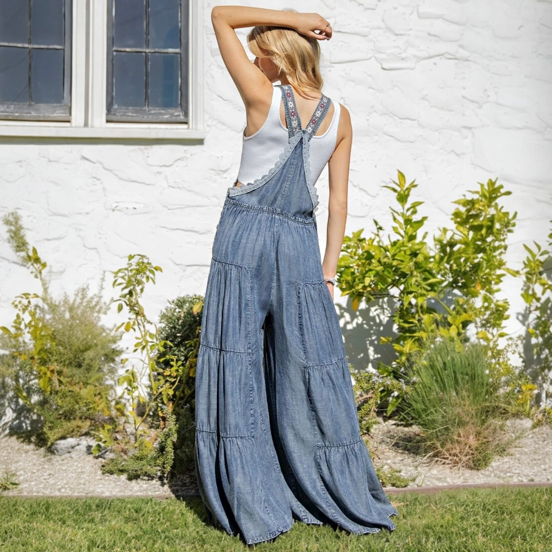 Lace Trim Tiered Wide Leg Denim Overalls Jumpsuit