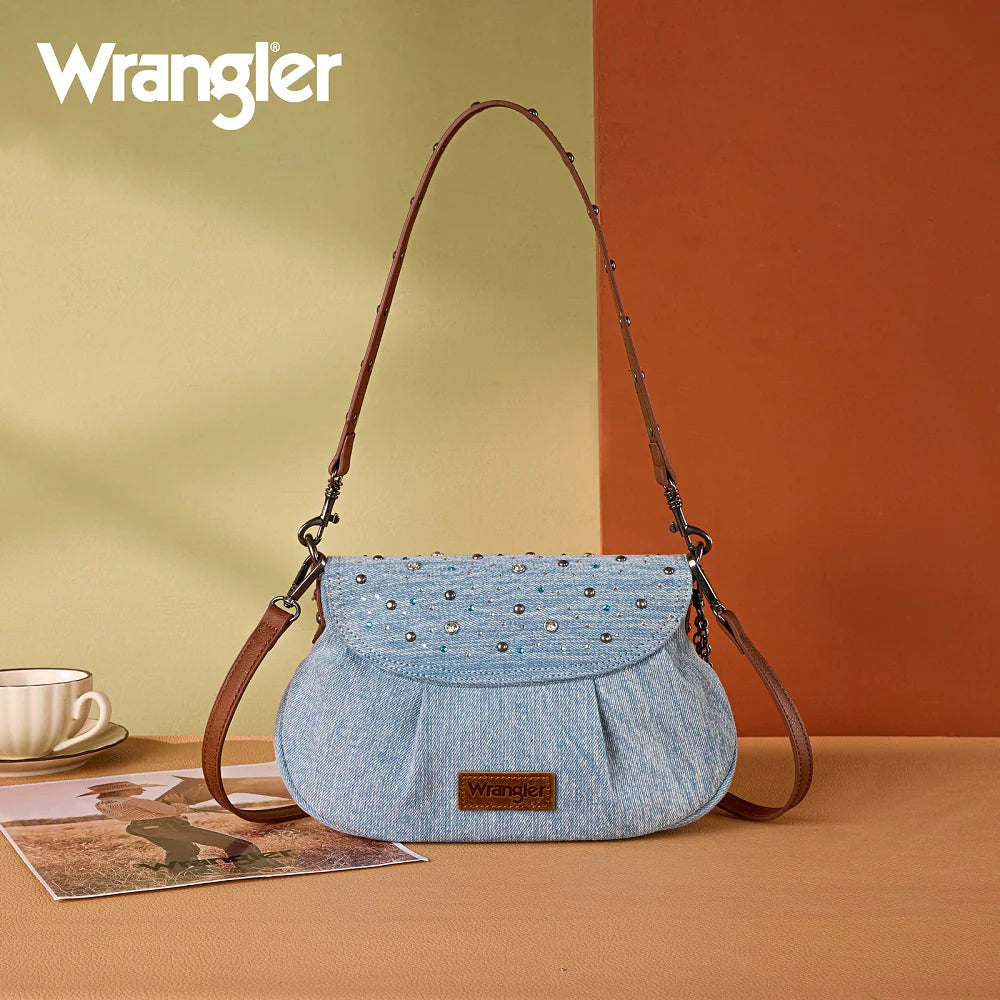 Wrangler Rhinestone Denim Flap Crossbody Shoulder Bag