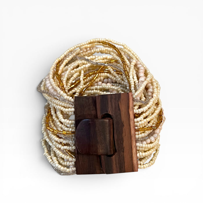 Wood Buckle Beaded Bracelet Pewter/Gold/Cream
