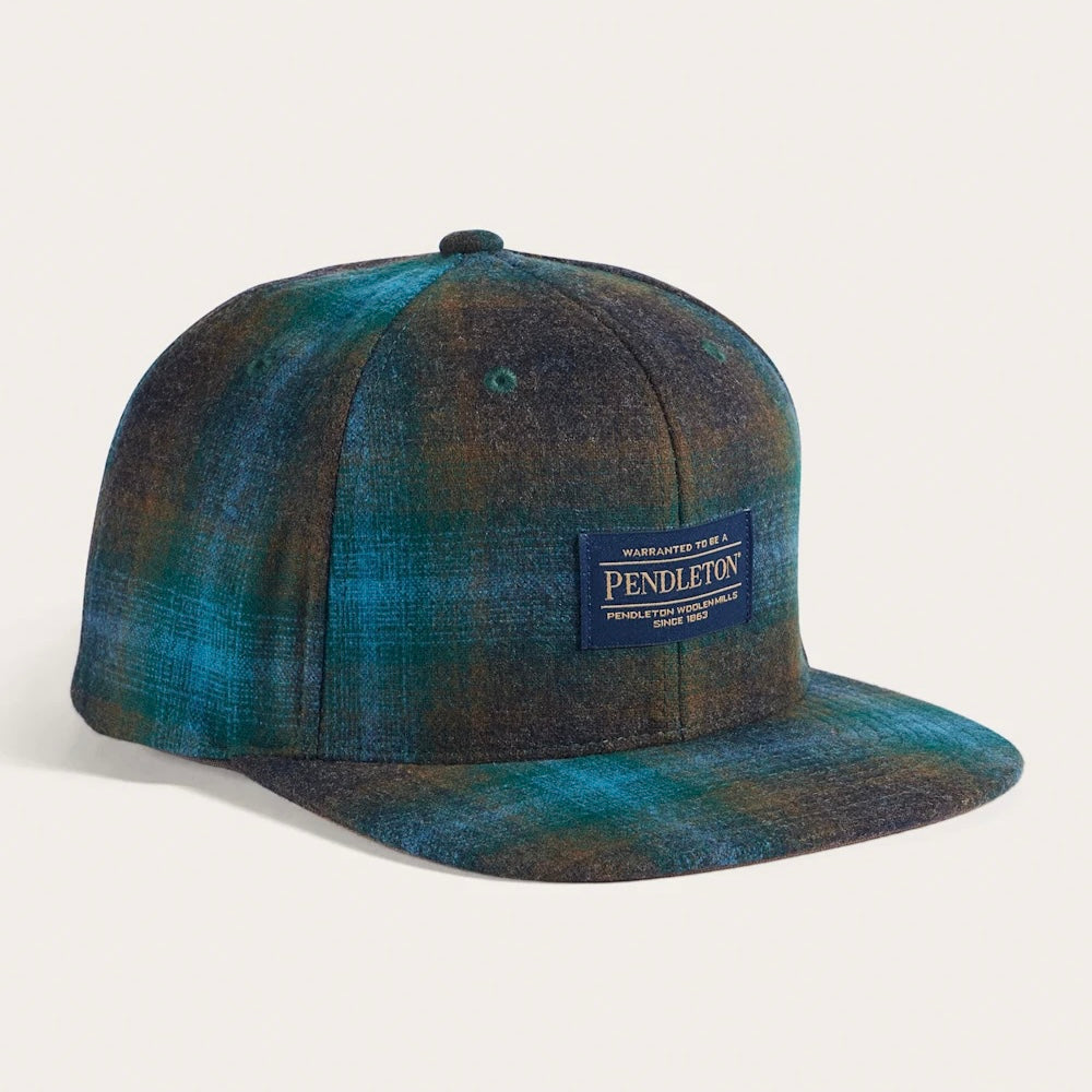 PLAID FLAT BRIM HAT-TEAL/CHARCOAL