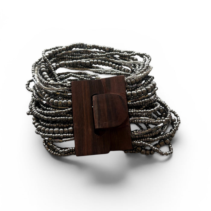 Wooden Beaded Buckle Bracelet Silver