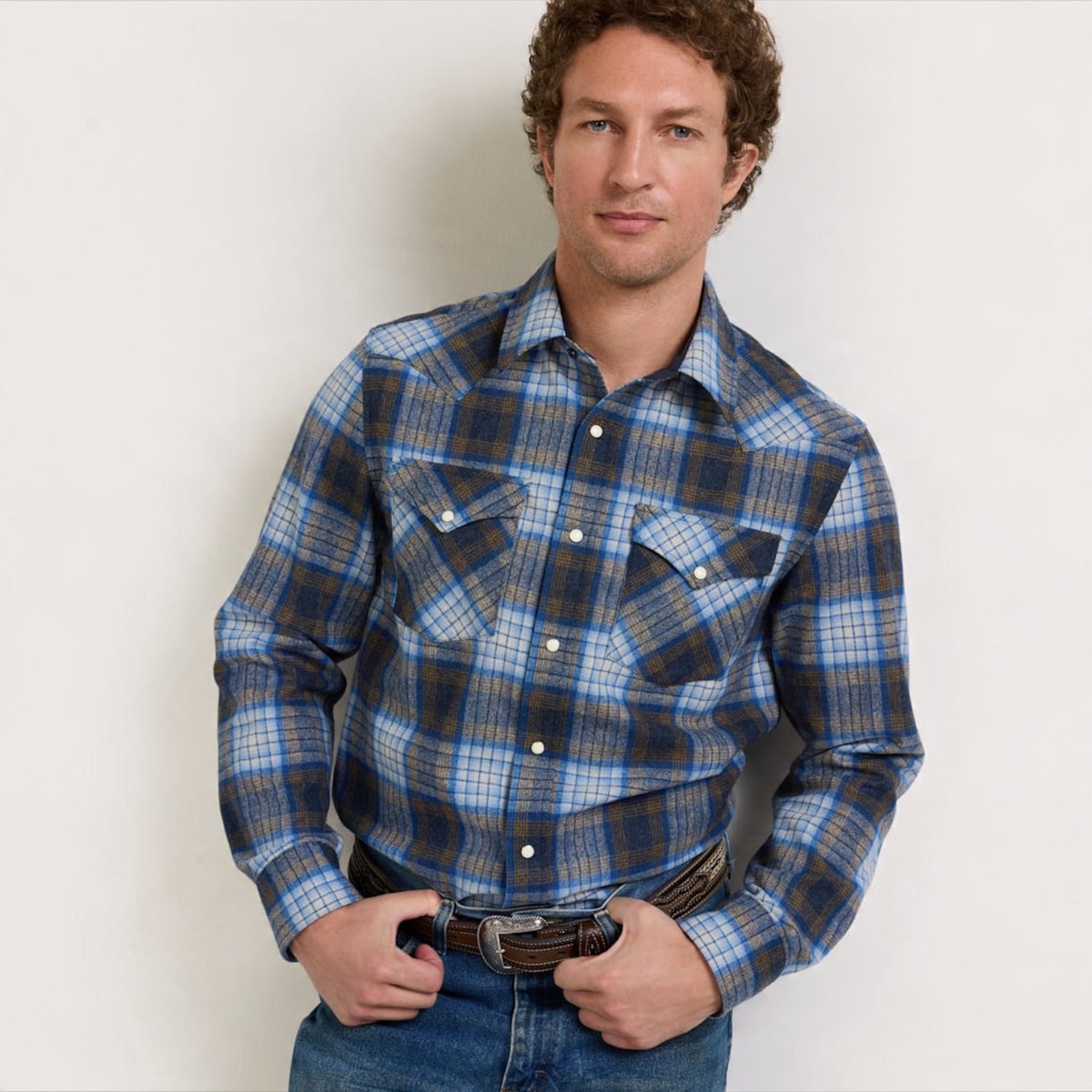 Men’s Pendleton Plaid Snap-Front Western Canyon Shirt - Blue/Tan