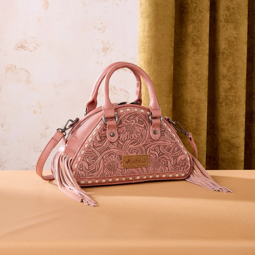 Montana West Tooled Floral Fringe Dome Satchel Bag