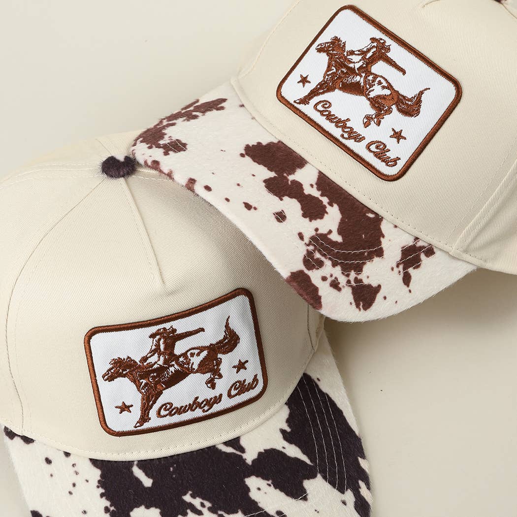 Cowboy Club Embroidered Patch Animal Print Trucker Hat: BROWN / ONE SIZE