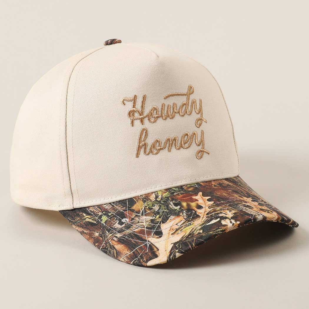 Howdy Honey Embroidery Camo Two-Tone Trucker Hat: CAMO-BEIGE / ONE SIZE