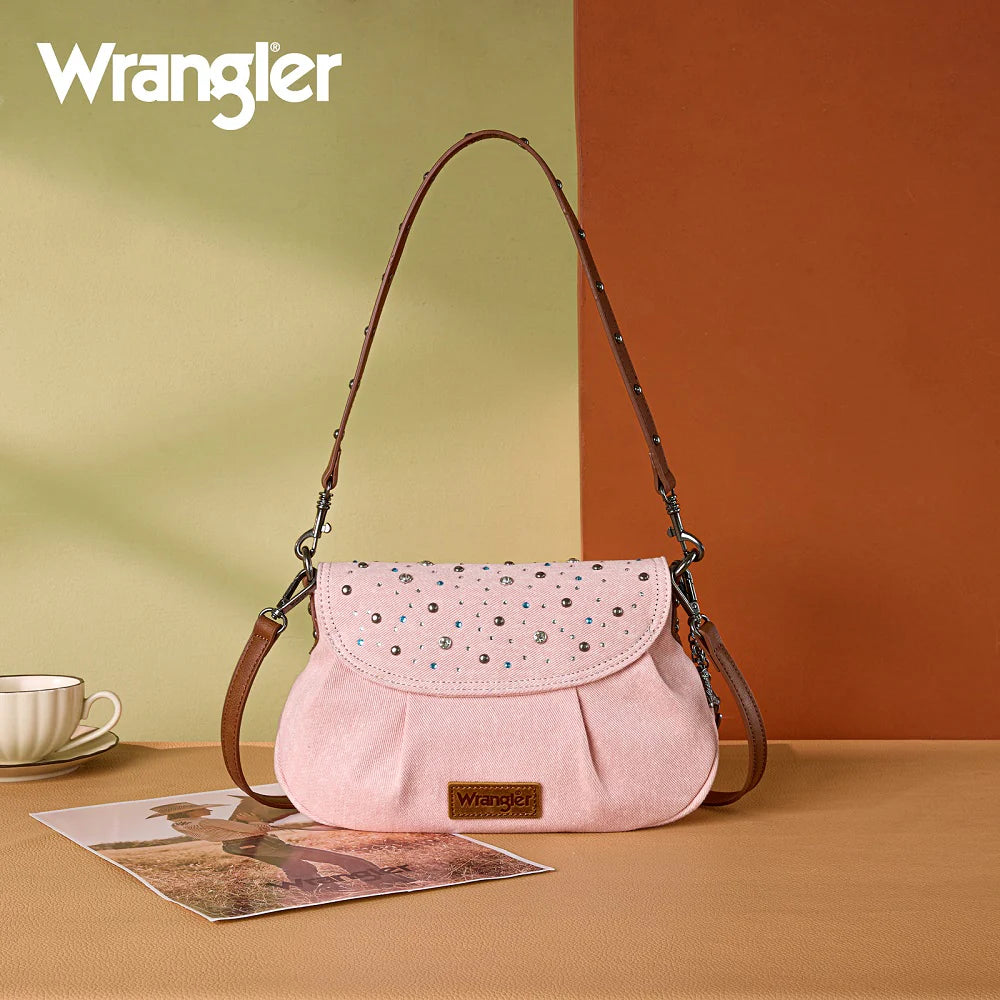 Wrangler Rhinestone Denim Flap Crossbody Shoulder Bag