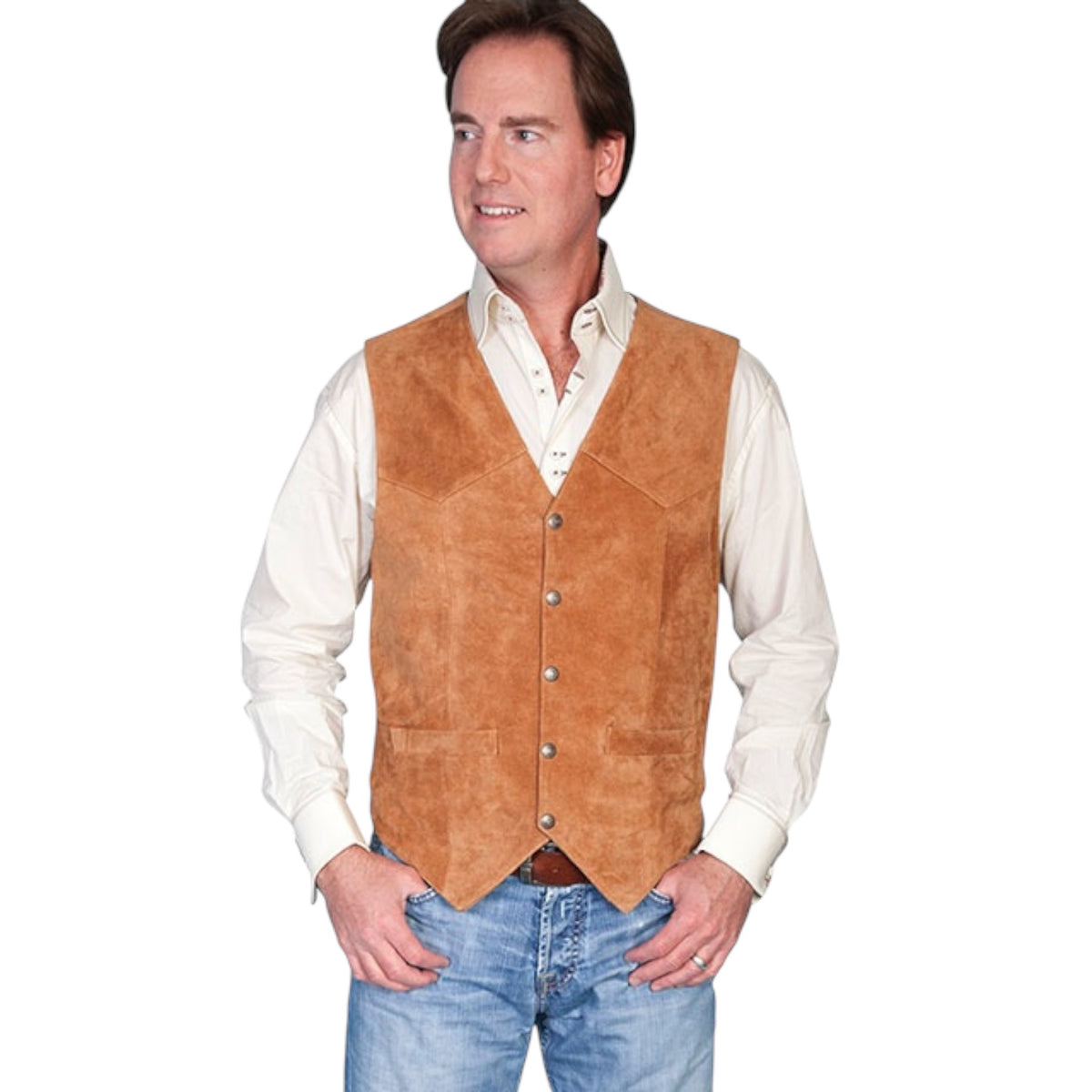 Men’s tan lambskin suede leather vest. Features single point yokes front and back. 5-snap front. Two front welt pockets. One inside pocket. Acetate lining.

