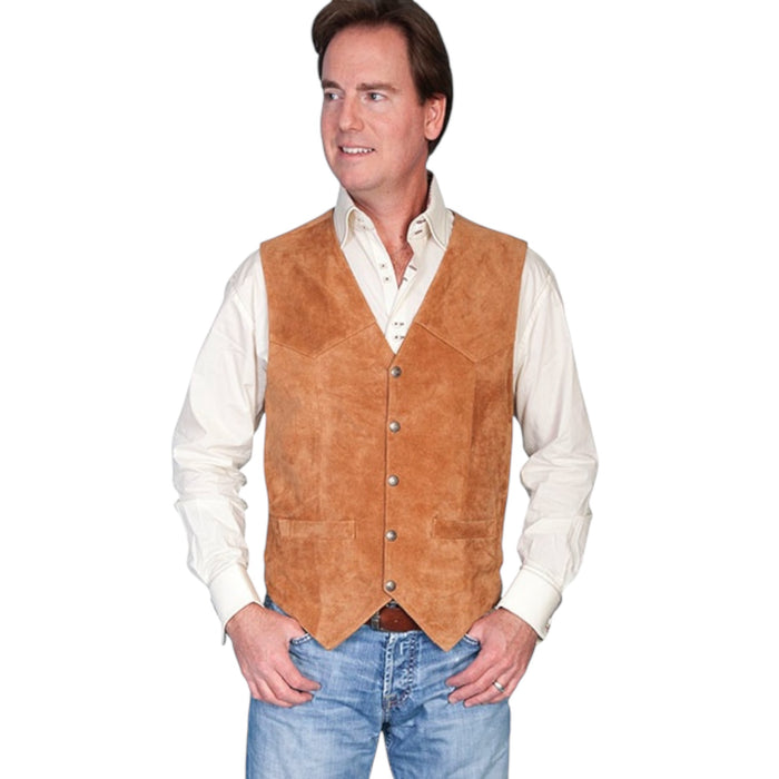 Men’s tan lambskin suede leather vest. Features single point yokes front and back. 5-snap front. Two front welt pockets. One inside pocket. Acetate lining.
