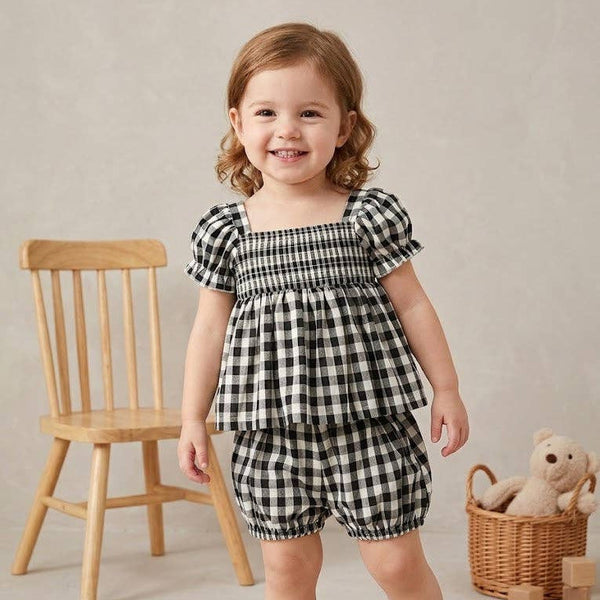 Plaid Girl Smocked Set Puff Sleeve Bloomer Set