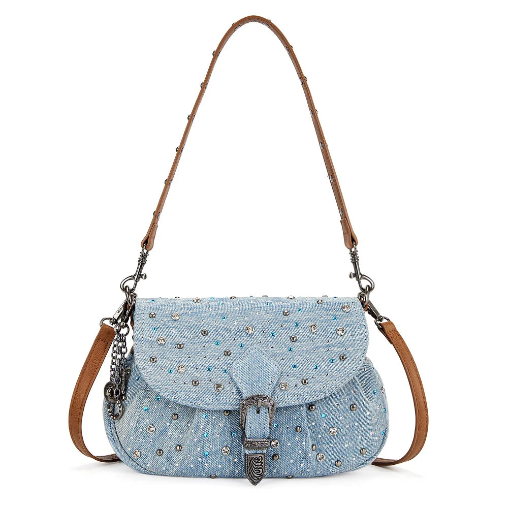 Wrangler Rhinestone Denim Flap Crossbody Shoulder Bag