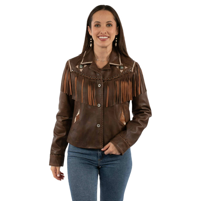 Lambskin leather fringe jacket. Crafted from premium lambskin leather, this classic jacket features a full button front closure and traditonal point collar. detailed with contrast. Fringe across the chest, back, and sleeves, along with decorative conchos and studs for an authentic appeal. two lower side entry pockets with inlaid. Hair-on-hide accents offer both style and functionality. tailored seams provide a flattering fit.fully lined for all-day comfort and effortless. Layering.
