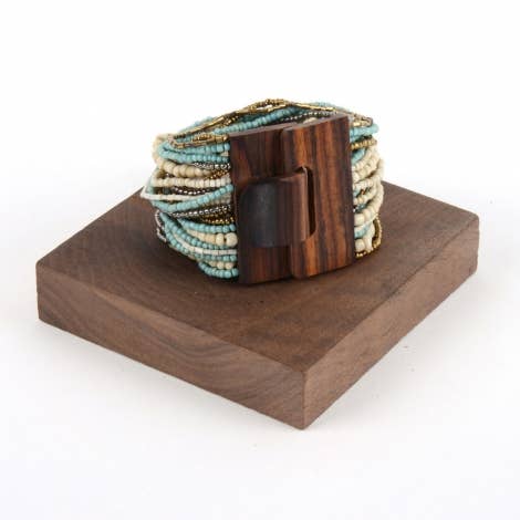 Bali Glass Beads Wood Buckle Bracelet: Cream/turquoise