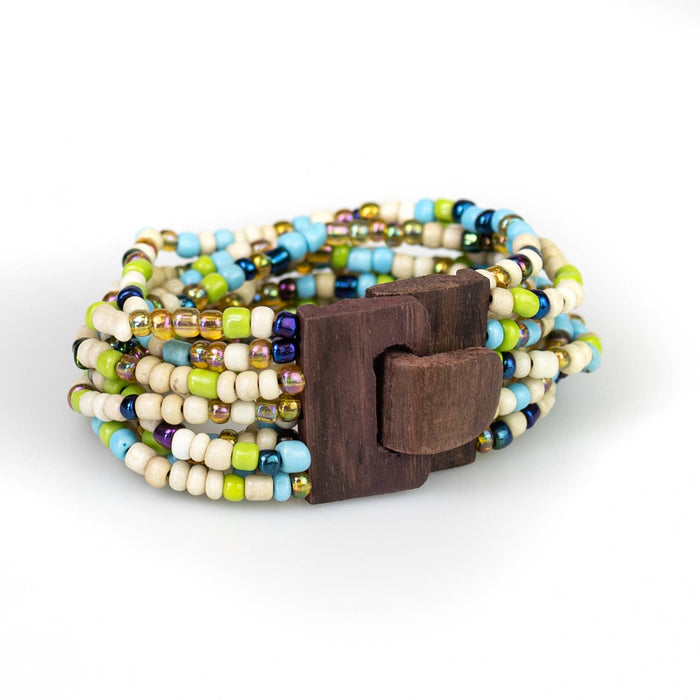 Bali Glass Beads Mini Wood Buckle Bracelet: Stone