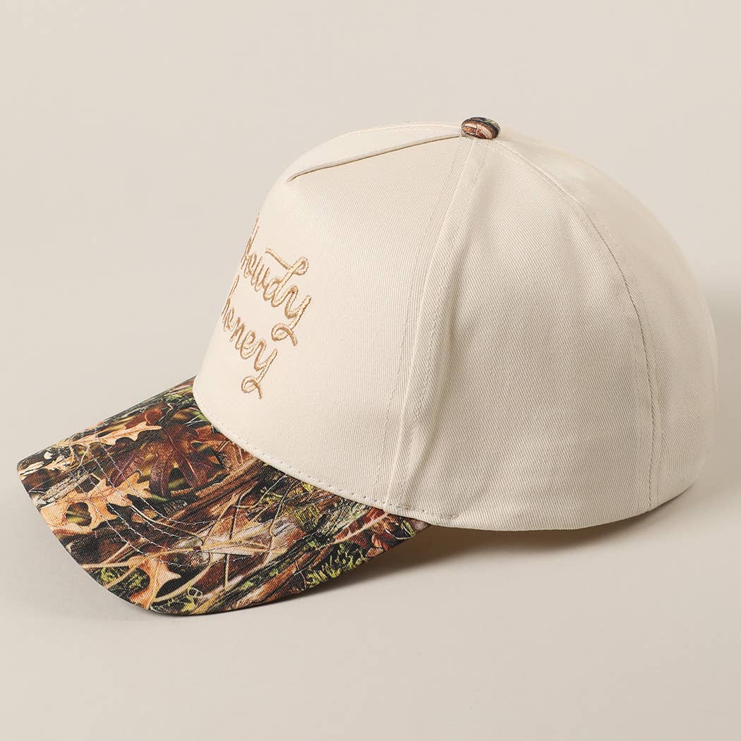 Howdy Honey Embroidery Camo Two-Tone Trucker Hat: CAMO-BEIGE / ONE SIZE