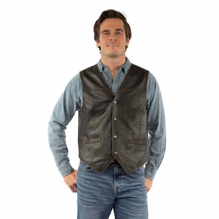 Men’s black distressed leather vest. Has traditional button down front with two front pockets.