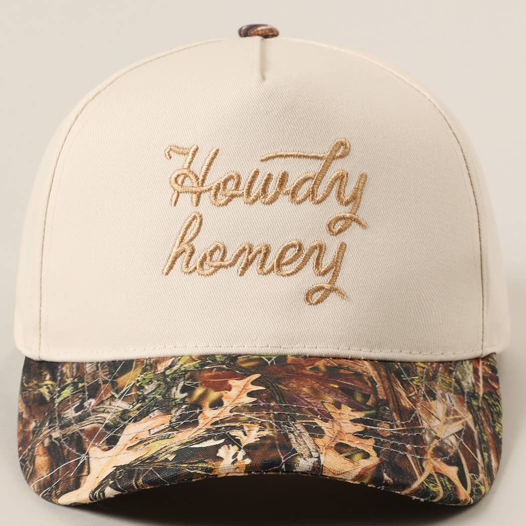 Howdy Honey Embroidery Camo Two-Tone Trucker Hat: CAMO-BEIGE / ONE SIZE