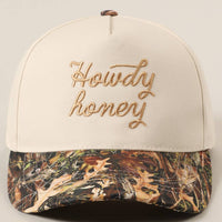 Howdy Honey Embroidery Camo Two-Tone Trucker Hat: CAMO-BEIGE / ONE SIZE