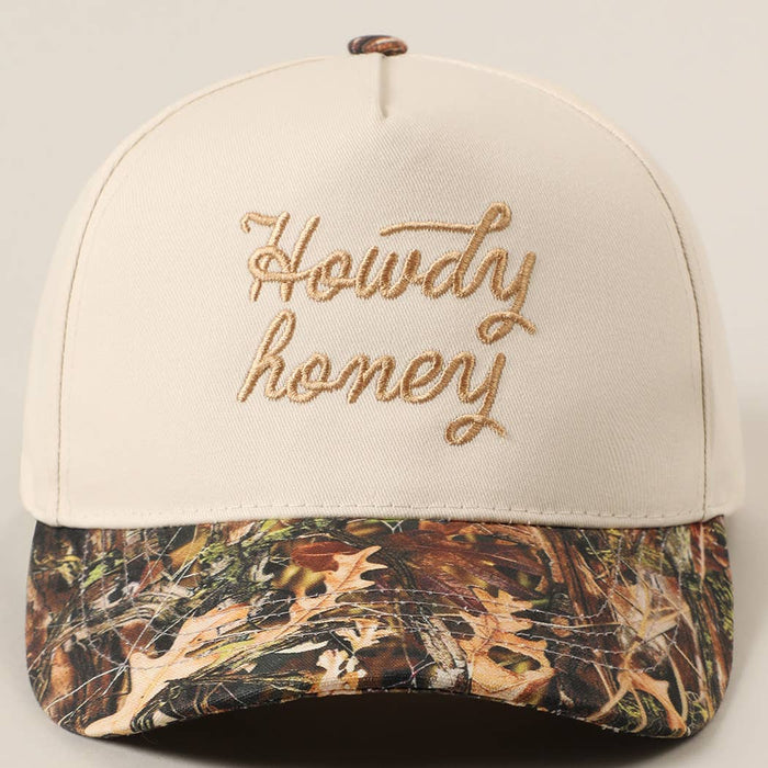 Howdy Honey Embroidery Camo Two-Tone Trucker Hat: Camo-Beige / One Size