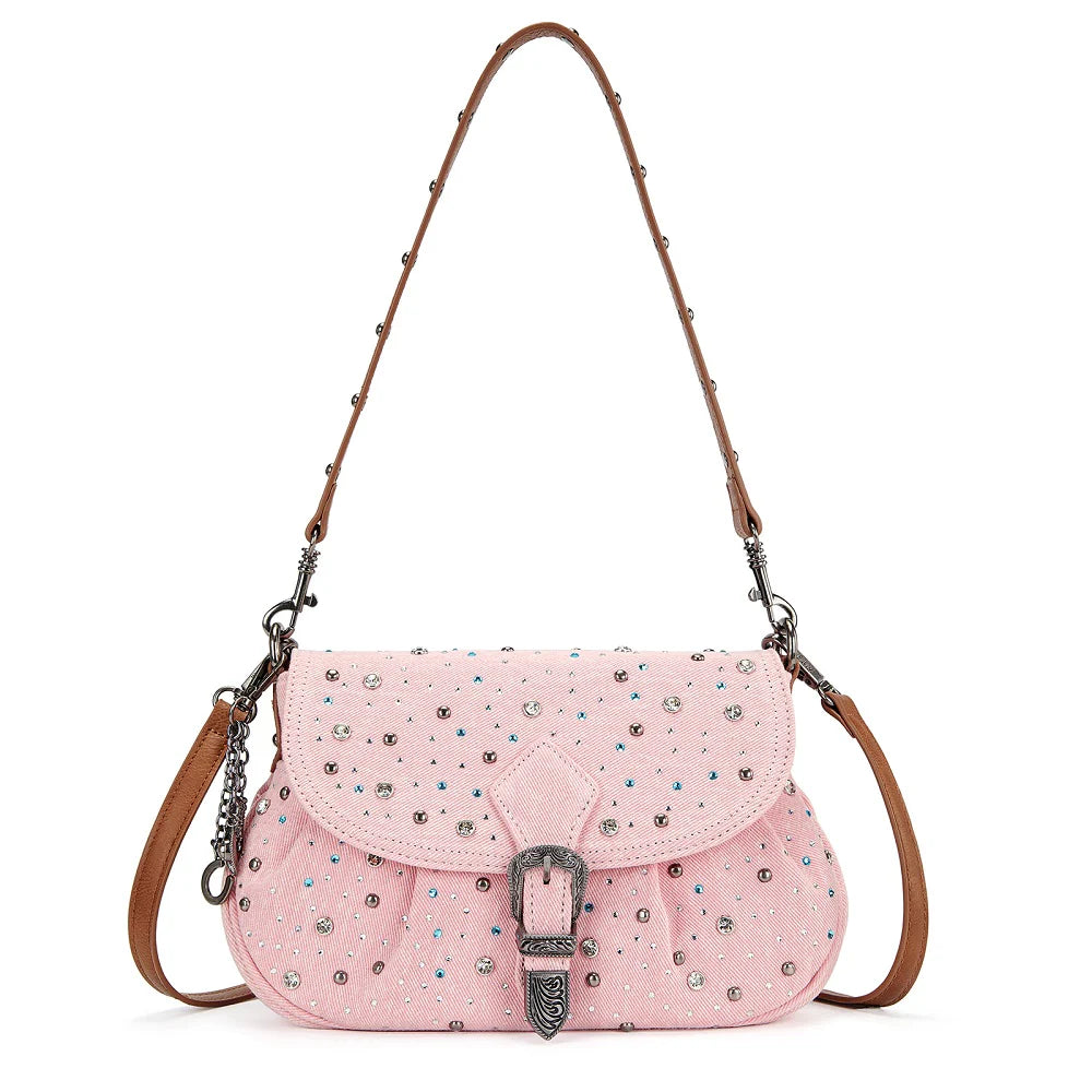 Wrangler Rhinestone Denim Flap Crossbody Shoulder Bag
