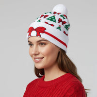 Bow and Tree Led Light Up Beanie with White Pom Pom