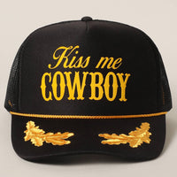 Kiss Me Cowboy Text Foam Mesh Back Trucker Hat: BLKGD / ONE SIZE