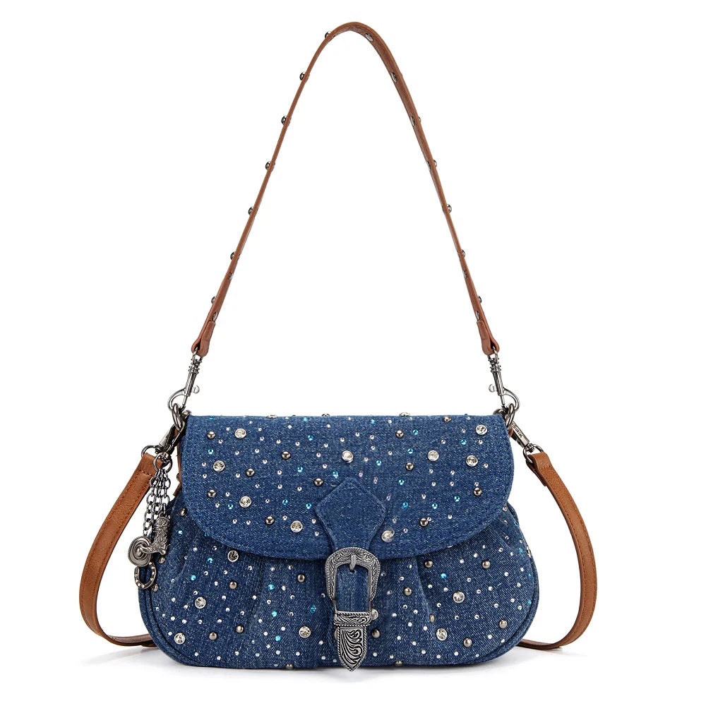Wrangler Rhinestone Denim Flap Crossbody Shoulder Bag