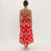 Red and Pink Pleated Strappy Midi Dress