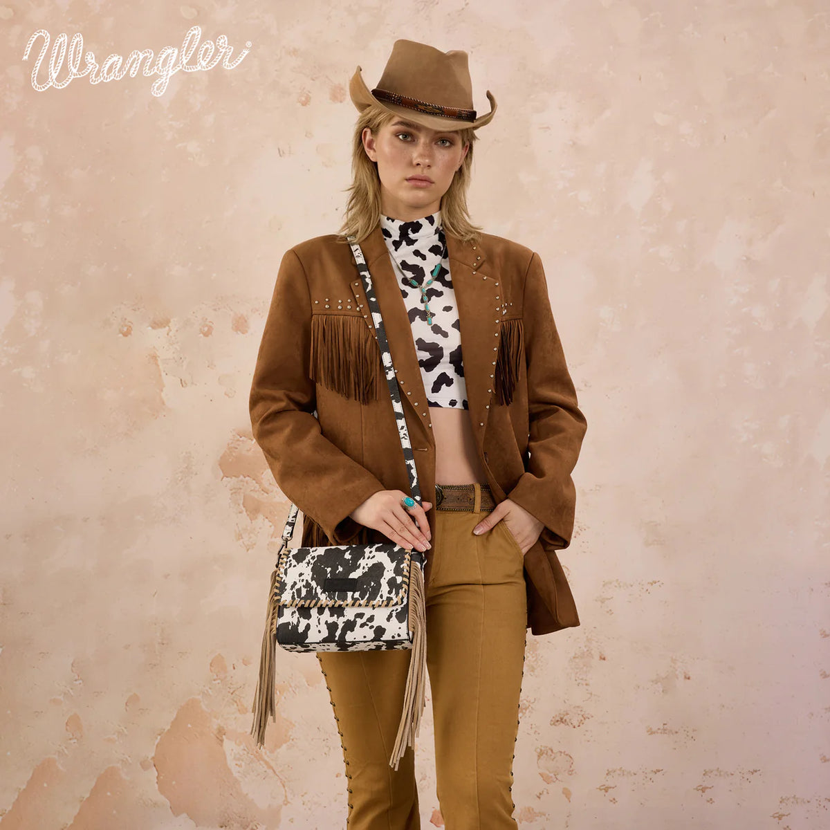 Wrangler Cow Print Fringe Crossbody Bag