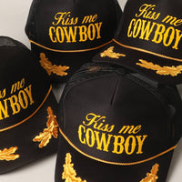 Kiss Me Cowboy Text Foam Mesh Back Trucker Hat: BLKGD / ONE SIZE