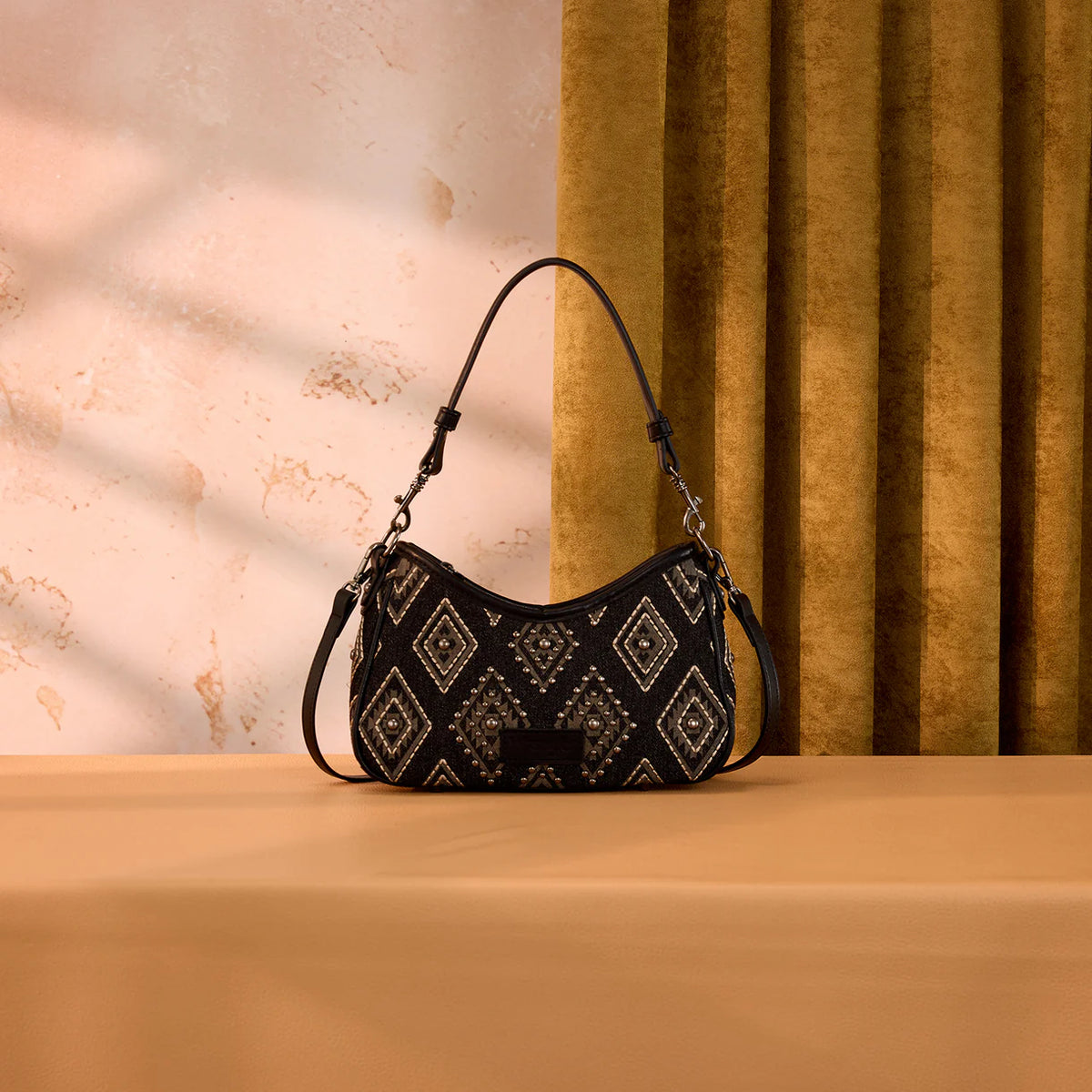 Wrangler Aztec Studded Shoulder Bag With Mini Pouch Black